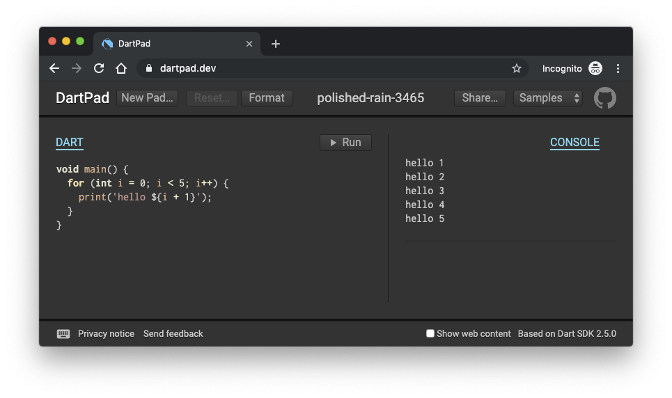 DartPad Hello World