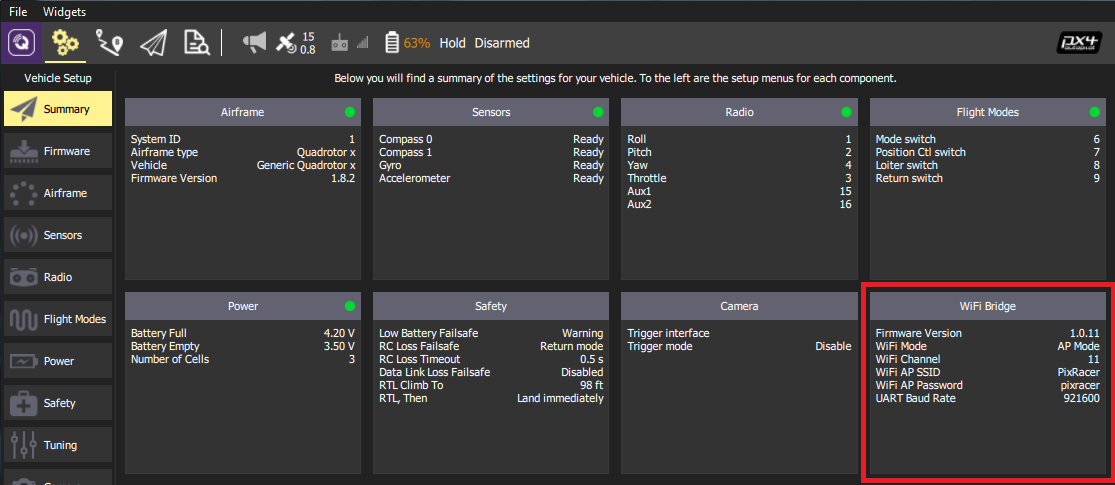 QGC Summary showing Wifi Bridge